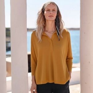 Garnet Hill Arden Oversized Linen Polo Sweater Sz M Mustard Blouse Doloman